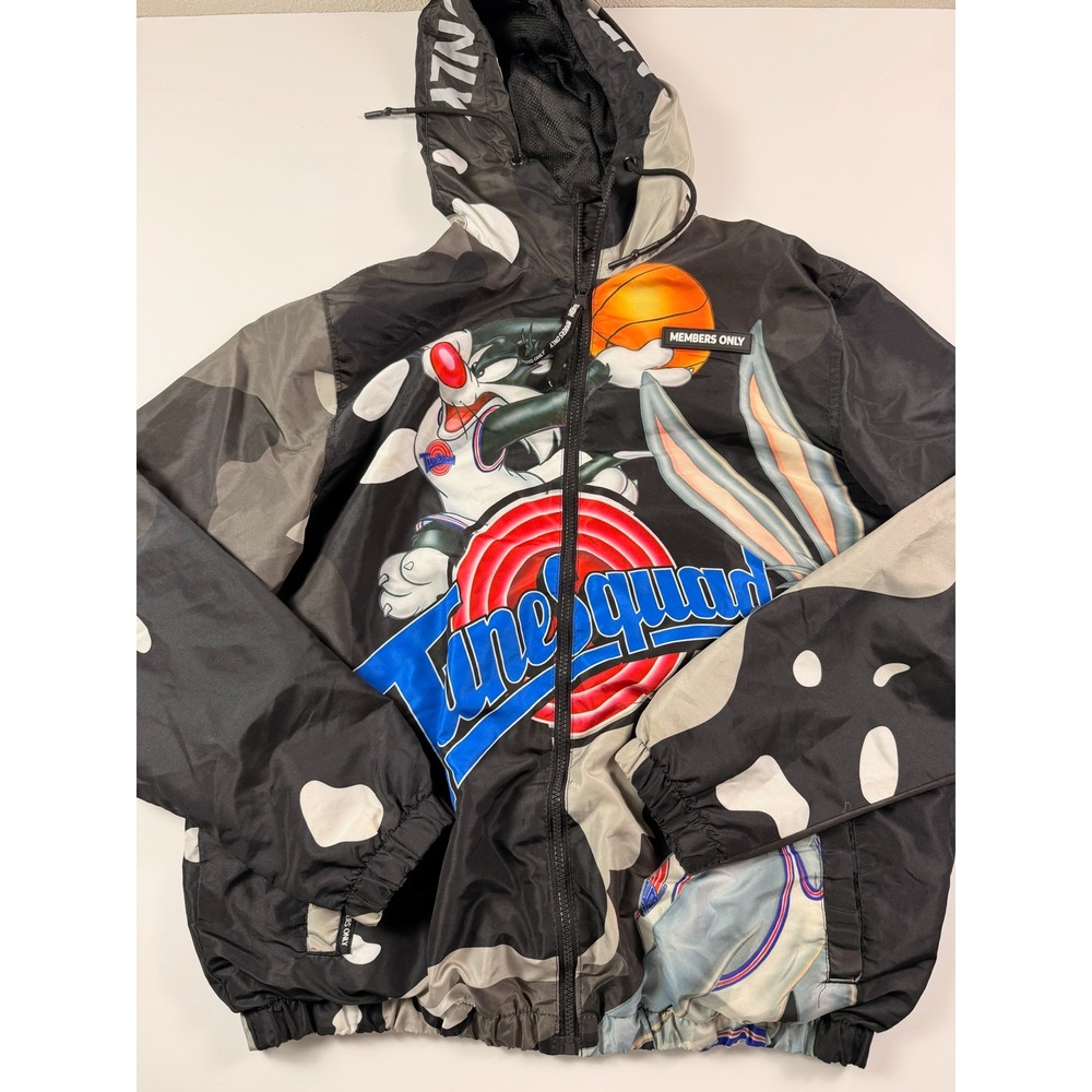 Members Only Space Jam Windbreaker Jacket Medium Bugs Bunny Taz Black Hooded